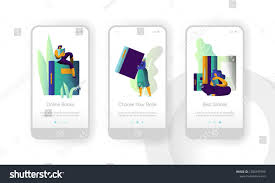 Online Book Library Modern Education Mobile App Page Onboard Screen Set Digital Dictionary Reader Woman Read Ebook Encyclopedia Books Online Books Education