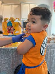 Javi's 5th birthday cake. Goku themed. 10” three layers marble cake.  Grandson ❤️