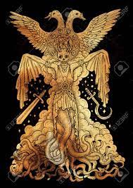 邪悪な女神や触手、頭蓋骨と古い紙背景に神秘的な精神的なシンボルと女性の悪魔と神秘的なイラスト。神秘的な秘密の図面、ゴシック様式、ウィッカのコンセプトの写真素材・画像素材  Image 83996121
