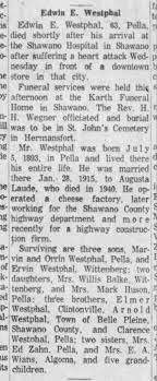 Edwin E Westphal Pella 1956 Death