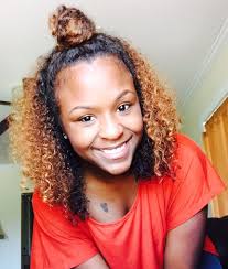 Curly Hair Bun Hair Color Honey Blonde And Natural Black Hair Honey Hair Color Blonde Hair Tips Curly Hair Styles