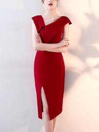 Wine Red Asymmetrical Trim Midi Dress Fashion Dresses Elegant Midi Dresses Womens Dresses