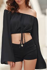 Black Boat Neck Crop Top Off The Shoulder Boat Neck Puff Sleeve Chiffon Crop Top Click Clothing Shoes Jewelry Women Me Chiffon Crop Top Blouses For Women Trendy Fashion Tops