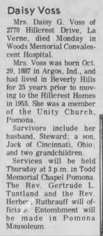 Obituary of Daisy (Goddard) Voss, Pomona, California.