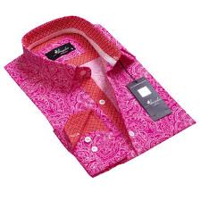 Mens black 2 button cuff closure french cuff shirt. Pink Red White Paisley Mens Slim Fit Designer Dress Shirt Tailored Amedeo Exclusive