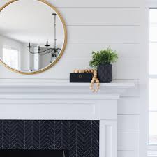 Black And White Mosaic Tile Fireplace Black Herringbone Tile Plus Round Brass Mirror Mosaic Fireplace Fireplace Tile Surround Hexagon Tile Fireplace
