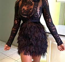 Custom Black Embroidery Lace Sheer Tunic Full Ostrich Feather Skirt Dress Feather Cocktail Dress Fashion Fur Skirt