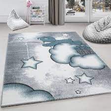 Runde, eckige und quadratische modelle oder ausführungen in form eines tieres wie beispielsweise ein teppich mit den umrissen einer eule oder eines bären. Kinderteppich Kinderzimmer Teppich Bar Wolken Stern Angeln Grau Weiss Blau Grosse 80x150 Cm