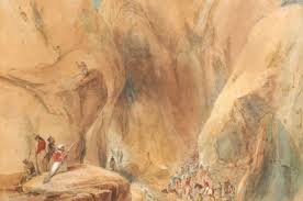 Bonhams : James Atkinson (British, 1780-1852) Entrance into the Kajak Pass from Parush; The First Descent through the Kajak Pass; The Entrance into Caubul from Killa-Kazee; A Street in the Bazar at