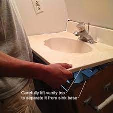 Keep in mind that the vanity top should be about 1 inch wider and deeper than the cabinet itself. Removing A Bathroom Vanity Cabinet Sink And Faucet Bathroom Vanity Makeover Bathroom Countertops Small Bathroom Vanities