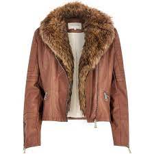 River Island Brown Leather Look Faux Fur Biker Jacket Brown Leather Jacket Outfit Faux Fur Biker Jacket Coats Jackets Women