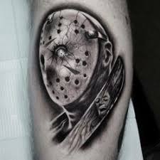 Black And Grey Realism Tattoo Artist Near Me Portrait Of Jason Voorhees In The Hockey Mask With A Machete Black And Gray Realism Tattoo On The Left Leg Black And Grey Tattoos Grey Tattoo Tattoo Artists