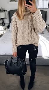 Fall Fashion Beige Sweater Skinny Black Pants Leather Tote Fall Fashion Trends Women Autumn Fashion Women Fashion