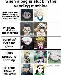 Someone who's never seen hunter x hunter explain this image bubbles the clown, green goku and pale kid mcgee getting ready to do the sickest backflip in anime history got some hunterxhunter memes | hunter x hunter amino. Pin On Anime