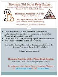 Brownie Girl Scout Pets Badge Humane Society Of The Pikes Peak Girl Scout Brownie Badges Girl Scout Brownies Meetings Girl Scout Activities
