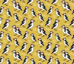 Black And White Bird With Long Orange Beak In Scotland Colorful Fabrics Digitally Printed By Spoonflower Puffin Puffins Birds Mustard Yellow Birds Scotland Spoonflower Fabric Fabric Patterns Design Print Design Pattern
