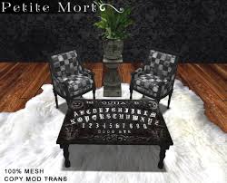 The wooden coffee table features a glass fixture and wheels, of course. Second Life Marketplace Petite Mort Dark Wood Ouija Board Coffee Table Mesh