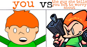 He wields a gun in one hand and holds a microphone in the other with his thumb pointing out. Pico Fnf