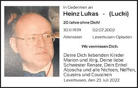 Traueranzeigen von Heinz Lukas