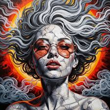 Prompt: A surreal portrait of a young woman with light, cracked stone-like  textured skin, wearing round copper glasses. Her expression is serene with  slightly parted lips, eyes looking at the viewer. Her