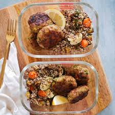 Make sure each meal includes a balance of lean protein, carbohydrates (starch), vegetables, and healthy fats. Healthy Meal Prep Idea Turkey Patties With Quinoa Roast Veggies Leah Itsines