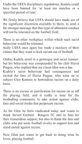 Uefa, kariyerini slavia prag'da sürdüren ondrej kudela'ya ırkçılık gerekçesi ile 10 maçtan men uefa avrupa ligi son 16 turunda rangers ile slavia prag arasında oynanan karşılaşmada, ırkçı. 8vmmr1kh40fv2m