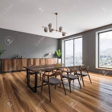 Courtesy of erin gates design. Corner Of Stylish Dining Room With Gray Walls Wooden Floor Stock Photo Picture And Royalty Free Image Image 127789159