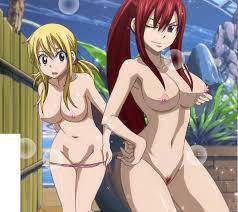 erza scarlet, lucy heartfilia, fairy tail, highres, screencap, third-party  edit, 2girls, blonde hair, breasts, colored pubic hair, large breasts,  multiple girls, nude, onsen, pubic hair, pussy, red hair, red pubic hair,  smile,