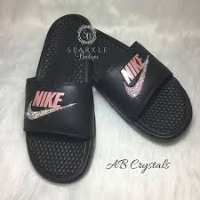 Black And Rose Gold Nike Slides Women S Nike Sandals Rose Gold Nike Slides Bedazzled Bling Nike Jdi Gold Nike Slides Nike Sandals Nike
