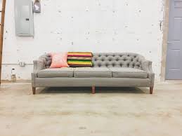 Couch has been professionally reupholstered in excellent vintage condition. Before After Vintage Tufted Sofa Goes From Skirted To Stunning Retro Den Vintage Furniture And Homewares