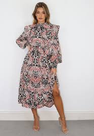 Achetez robes cachemire online en yoox. Robe Mi Longue Noire A Motif Cachemire Epaulettes Et Col Montant Tall Missguided