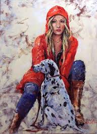 Helen Cottle 1962 Red Umbrella Contemporary Impressionism Art Dog Art