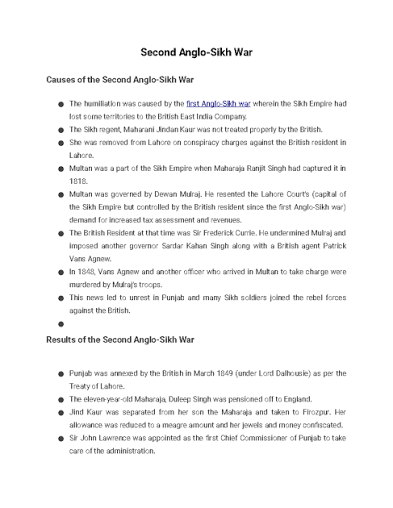 Second Anglo-Sikh War - Lecture Notes on Causes & Results - Studocu