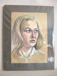 Mid-century Vintage Female Portrait Drawing, Original Wall Art Home Décor