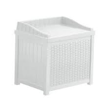 The suncast storage seat is an ideal way to keep your gardening tools easily accessible when working on your balcony flower boxes, potted herb garden or tomato plants. Suncast 22 Gal White Resin Wicker Storage Seat Ssw1200w The Home Depot Resin Wicker Storage Outdoor Storage Seat Wicker Storage Seat