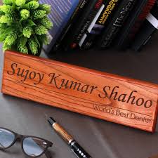 Office Desk Nameplates Wood Engraved Custom Desk Nameplates With A Name And Designation By Woodgeek S Custom Wooden Signs Wooden Name Signs Name Plate Design