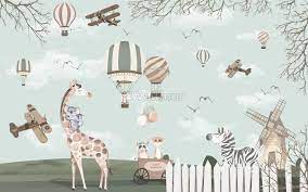 Kids Woodland Animals With Vintage Aircraft And Windmill Wallpaper Mural Kids Woodland Animal Mural Mural Wallpaper