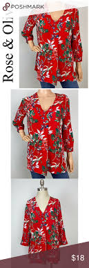 Rose Olive Floral Print 3 4 Sleeve Top Size L In 2020 Red Floral Tunic Floral Prints Floral Tunic