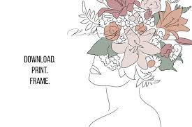 A curated collection of minimalist drawings including minimalist line art and black and white sketches. Flower Head Line Drawing Woman With Flowers Portrait Print 949892 Illustrations Design Bundles