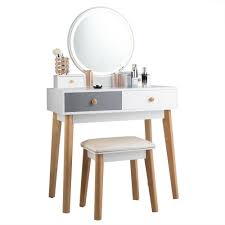 Costway 2 Piece Vanity Table Set 3 Color Lighting Modes Makeup Table Stool Set Jewelry Divider White Grey Vanity Table Set Makeup Table Vanity Vanity Table