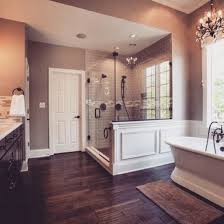 Beautiful Master Bath Love The Hardwood Tiles Gorgeous Shower And Freestanding Tub More Home Bathroom Remodel Master Dream Bathrooms