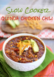Slow Cooker Quinoa Chicken Chili Top With Avocado And Tortilla Strips Lose The Dairy Stuff No Frozen Chicken In The Slow Cooker Quinoa Recipes Cooker Recipes