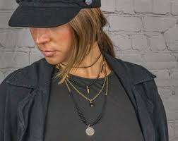 Black and Gold Necklace Set for Women- Womens Choker Layered Necklace-  Beaded Chain Pendant Necklace- Black Onyx Gemstone Necklace