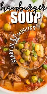 This Hearty Homemade Hamburger Soup Is Ready In About Half An Hour Making It Ideal For Busy We Beef Soup Recipes Soup With Ground Beef Vegetable Soup Recipes