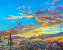 Vibrant and classic arizona sunset landscape with saguaro cactus and mountains. Sunset At Desert Mountain Lauren Knode Art