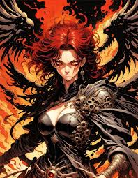 1995' anime video game by Katsuya Terada , Dan Munford, A beautiful, angry,  androgynous female fallen angel with withered wings surrounded b...