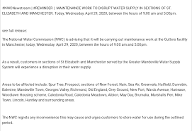 Water disruptions are happening right now (nov 10) in these two areas as the state's water supply provider, syarikat air negeri sembilan (sains) is temporarily halting operations at the sungai linggi water treatment plant. Nwc Jamaica Auf Twitter Nwcnewstream Reminder Maintenance Work To Disrupt Water Supply In Sections Of St Elizabeth And Manchester Today Wednesday April 29 2020 Between The Hours Of 9 00 Am