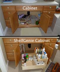 A towel bar adds extra utility. The Recipe For Turning This Cabinet Into A Shelfgenie Cabinet Add One Pull Out Towel Bathroom Sink Storage Bathroom Storage Solutions Kitchen Cabinet Storage