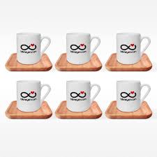 Porselen sabunluk diş fırçalık setleri. Firmalara Ozel Logolu 6 Li Ahsap Tabakli Turk Kahvesi Fincani Takimi