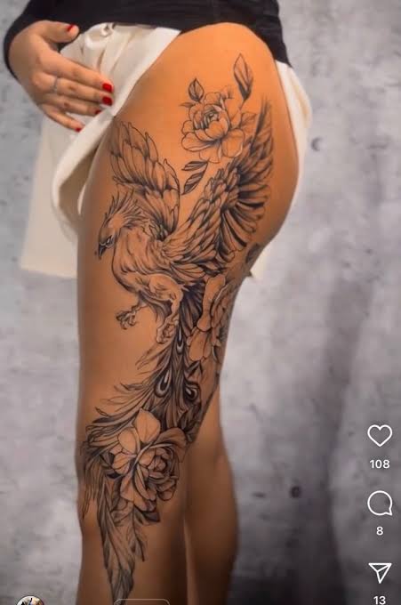 Phoenix tattoo feminine hip | Rising phoenix tattoo feminine leg, Tattoo ideas thigh women, Tattoo design